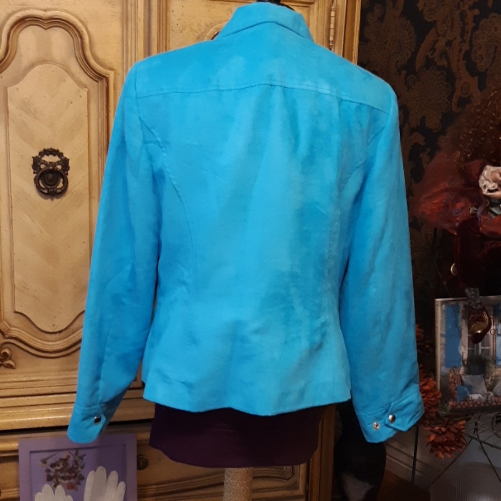 Womens blue teal jacket long sleeve coat EVAN PICONE faux suede sz 12 - Picture 4 of 7